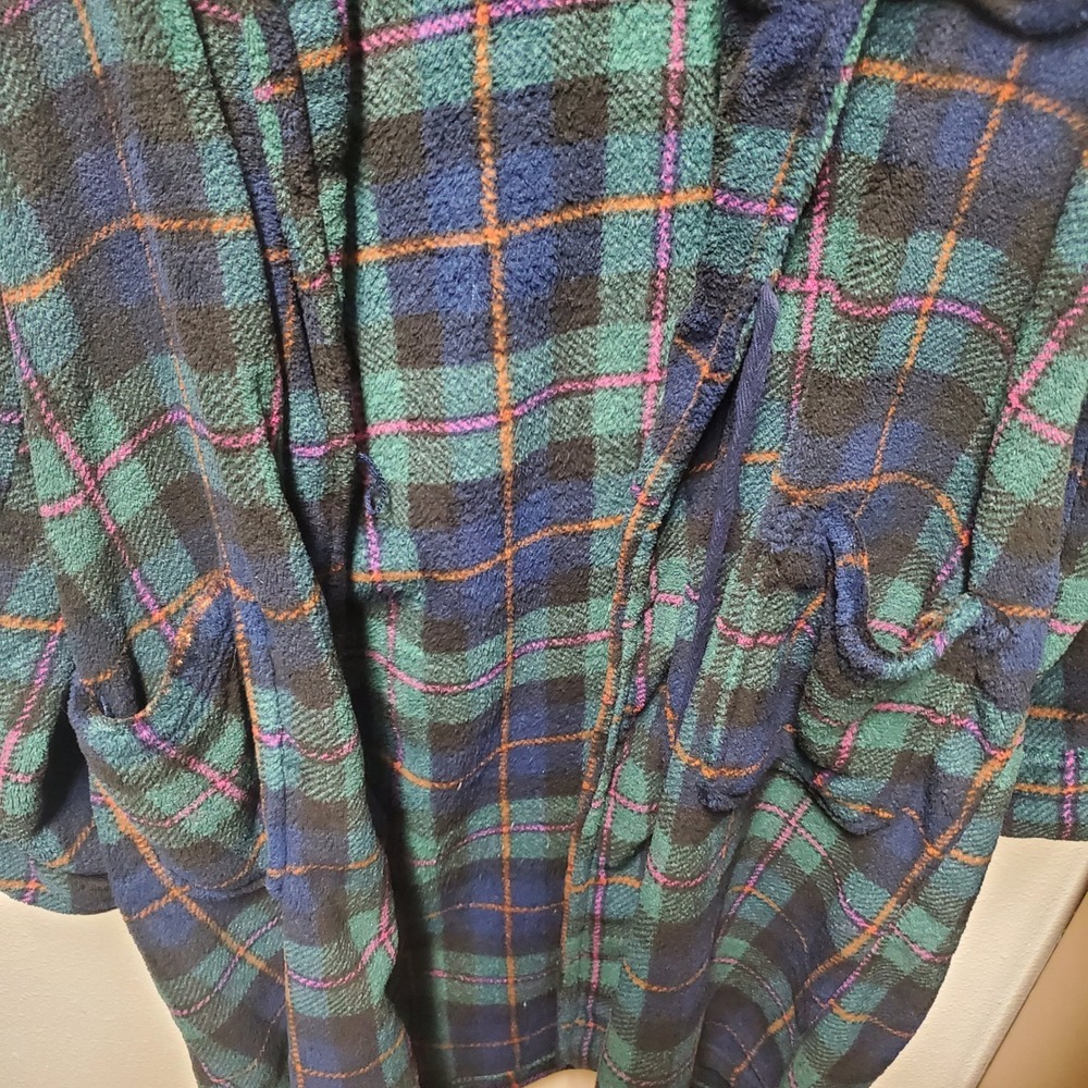 Lauren Ralph Lauren Womens Large Plush Fleece Robe Long Sleeve Plaid Blue Green - Picture 8 of 8